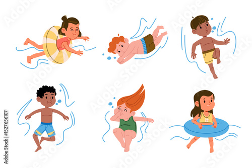Little kids cartoon characters swimming under water, floating on waves enjoying summer pool fun