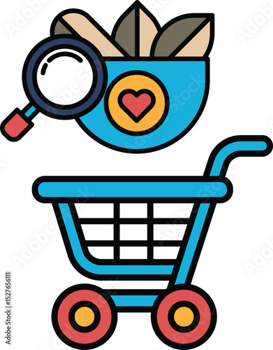 A blue shopping cart with a magnifying glass on top of it