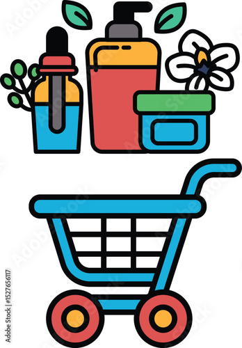 A blue shopping cart with a variety of beauty products including lotion, shampoo