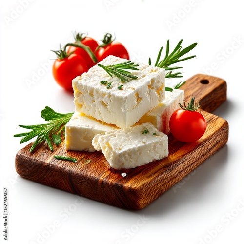 Fresh Feta Cheese Cubes Stacked on a Wooden Board with Cherry Tomatoes and Rosemary Sprigs, Perfect Appetizer for a Greek Salad