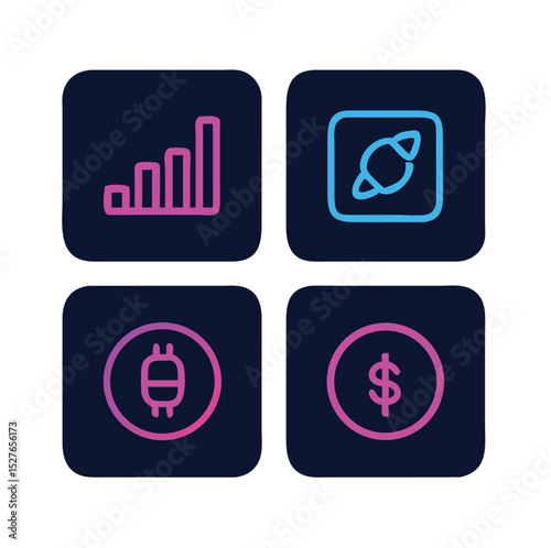 A neon-outline vector icon set depicting cryptocurrency startup tools—wallets, charts, whitepapers, coin launchpads—on a black background with futuristic blue-pink hues.
