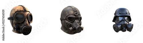 Triple Gas Mask Display: Three Different Protective Masks 

