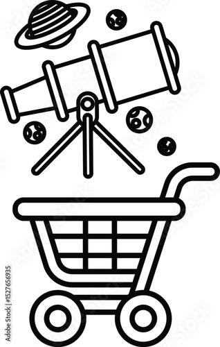 A black and white drawing of a shopping cart with a telescope on top