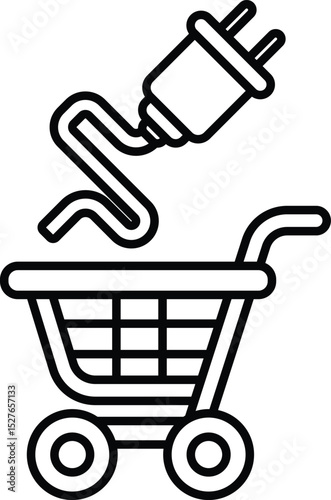 A black and white drawing of a shopping cart with a plug sticking out of it