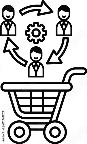 A black and white image of a shopping cart with three people on it