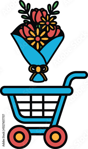 A blue shopping cart with a bouquet of flowers on top