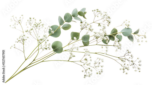 Delicate floral arrangement featuring white baby's breath and eucalyptus leaves on a white background