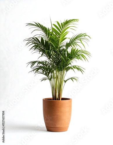 Lush Green Parlor Palm in Terracotta Pot Against White Background