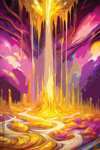 Fantasy landscape with a fire in the forest. Vector illustration.