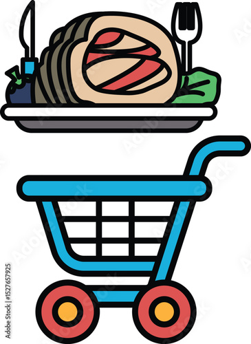 A cartoon of a shopping cart with a plate of food on top of it