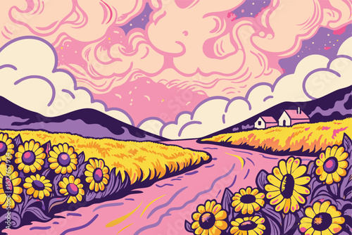Vector illustration of a rural landscape with fields of sunflowers.