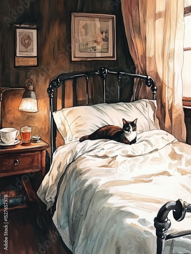 Vintage bedroom watercolor with cat, slow life morning scene. Illustration of a peaceful vintage bedroom with an iron bed, crumpled linen sheets, a cup of tea on the nightstand, and a cat resting on t
