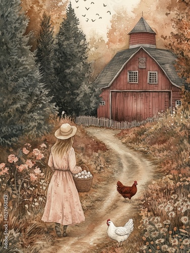 Farm morning watercolor illustration with chickens and sunrise. A nostalgic watercolor farmyard at sunrise with chickens, a red barn, and a woman holding a basket of eggs.