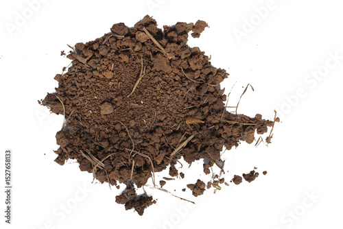 Fotografía A mound of brown clumpy soil rests on a neutral surface mixed with scattered dry