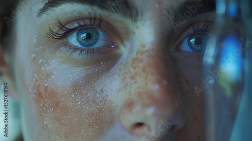 Close up of a Young Woman's Face with Freckles and Water Droplets A Detailed Portrait Showing Youthful Skin Texture