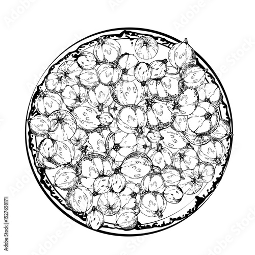 Currant gooseberry on ceramic dish, hand drawn in vector ink, ripe picked garden berry harvest, casseille jostaberry. Isolated illustration. Food blogs, cookbook, dessert menu, farmers market grocery