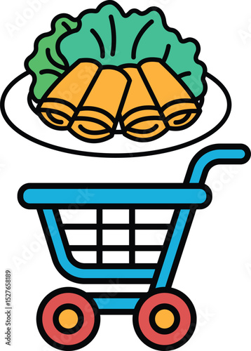 A blue shopping cart with a green leafy vegetable on top of it