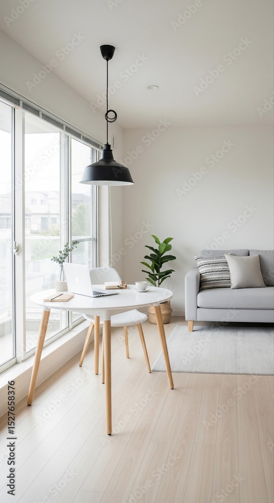 Fototapeta premium Bright, modern room featuring a gray sofa, a white dining table, a potted plant, and large windows letting in natural light.