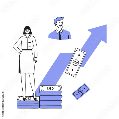 Woman stands with a new income, received a salary. Concept of salary payment, salary increase, rise, businessman, financial growth. Vector illustration in flat design