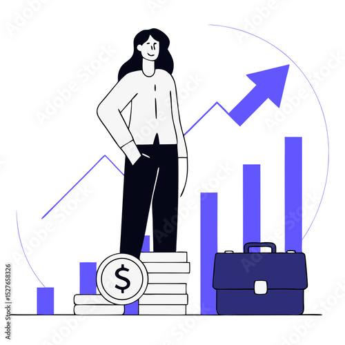 Woman stands with a new income, received a salary. Concept of salary payment, salary increase, rise, businessman, financial growth. Vector illustration in flat design