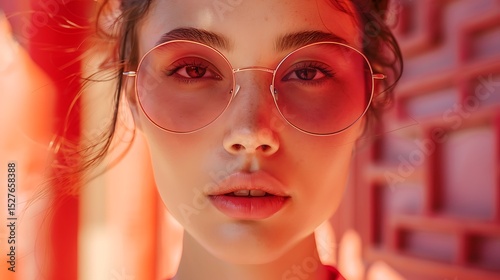 Close up Portrait of a Young Woman Wearing Round Sunglasses Against a Red Background A Stunning Fashion and Beauty Shot