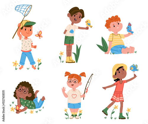 Happy boys and girls kids cartoon characters enjoying springtime fun activity isolated set
