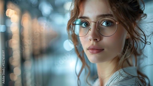 Young Woman with Brown Curly Hair Wearing Round Glasses Against a Blurred City Background