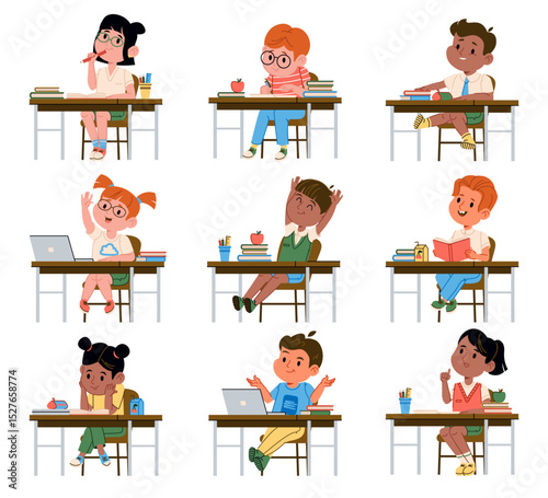 Elementary school kids student cartoon characters studying sitting at classroom desk table set