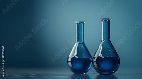 Two Blue Glass Erlenmeyer Flasks Filled with Liquid on a Dark Background A Science Lab Concept