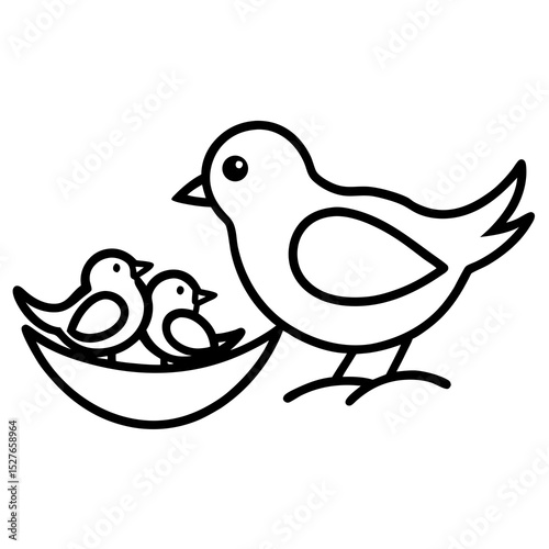 Parent bird and two baby birds in nest