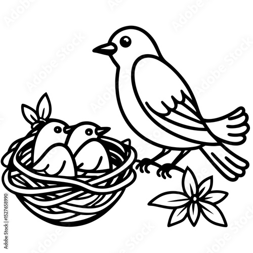 Parent bird and baby birds in nest illustration