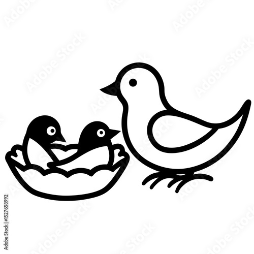 Parent bird and two baby birds in nest illustration