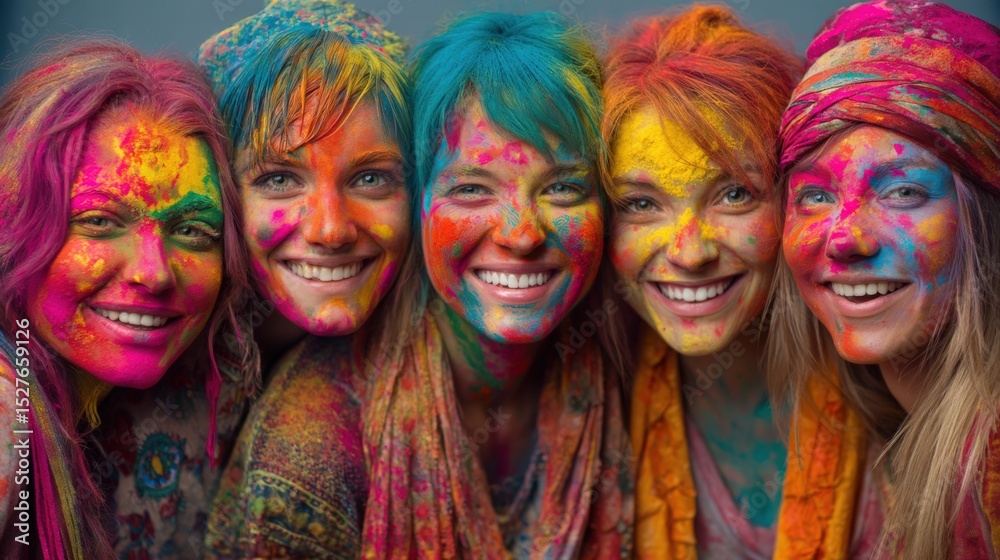 Obraz premium Group of Joyful Women Covered in Holi Powder Celebrating Together