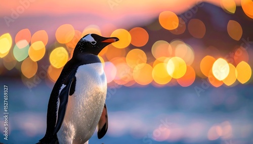 Penguin at Sunset with City Lights Bokeh