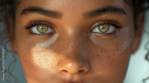 Close up of a Young Woman's Freckled Face with Striking Green Eyes