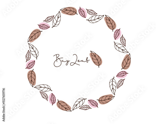 Round Bay leaf Frame, Wreath. Doodle Bay leaf vector illustration with inscription. Seasoning for food, drinks. Organic product sketch for packaging, sale, shop sign. Flavor cooking ingredient.