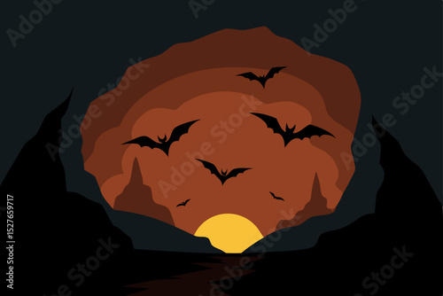 Spooky Halloween Sunset Bats Flying over Cave Silhouette