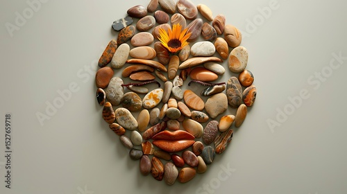 Serene Stone Face Abstract Artwork of a Woman's Face Created Using Colorful Pebbles and a Flower
