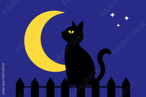 Mystical Black Cat Silhouette Under Crescent Moon Nighttime Illustration