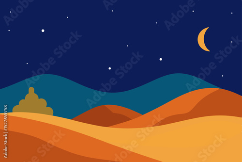 Serene Desert Night Starry Sky, Crescent Moon, and Rolling Sands Illustration