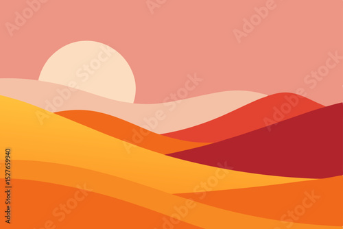 Sunset Desert Landscape Minimalist Illustration of Rolling Dunes and Warm Hues