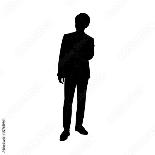 外で手を使い説明をしている若手の営業マン男性のシルエット