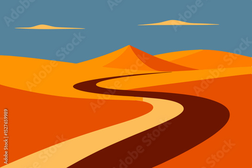 Desert Road Trip Winding Path Through Golden Sands and Sun-Drenched Dunes