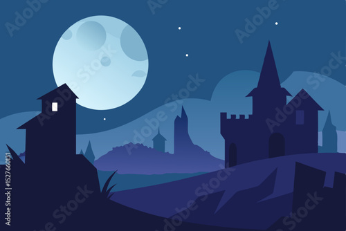 Enchanted Night A Silhouetted Castle Under a Mystical Moon