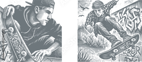 Skateboarder Performing Trick Near Urban Graffiti Wall – Woodcut Style Design Set, Engraved Male Skater Art for Vintage Print, Tattoo, Apparel, and Street Culture Themes