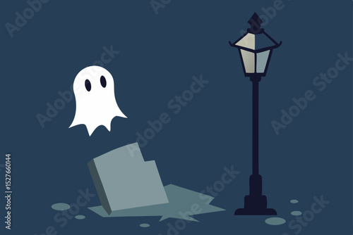 Spooky Night Ghostly Encounter by Tombstone and Streetlight Illustration