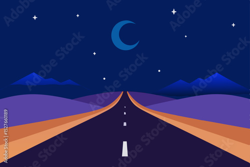 Night Road Journey A Serene Desert Highway Under the Crescent Moon and Stars