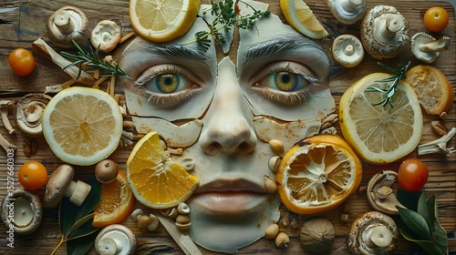Artistic Face Collage Created with Fresh Citrus Fruits Mushrooms and Herbs on Wooden Background
