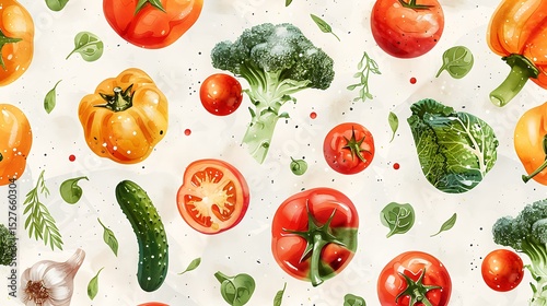 Vibrant Watercolor Seamless Pattern of Fresh Vegetables Tomatoes Broccoli Peppers and More