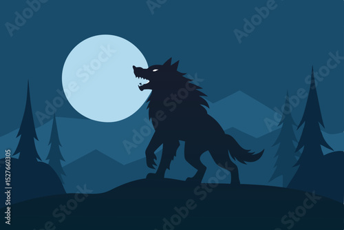 Dark wild wolf silhouette howling at the moon against a spooky Halloween night sky landscape